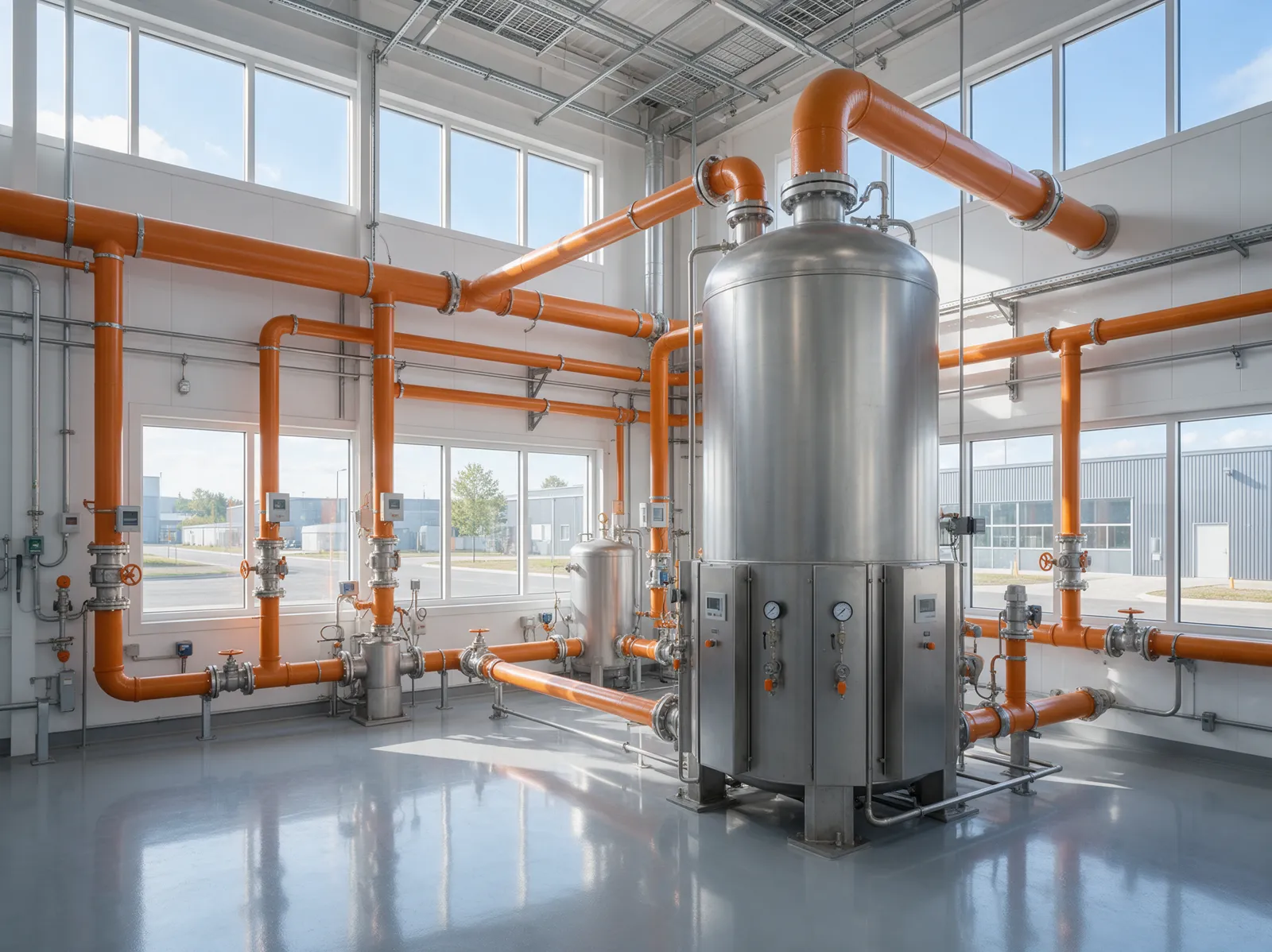 Elektrische boiler met leidingwerk in een lichte technische ruimte