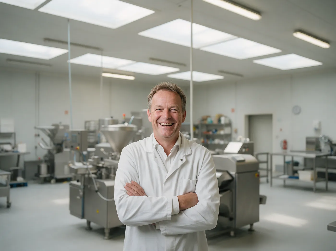 Tevreden eigenaar van een voedingsmiddelenbedrijf in zijn productiehal