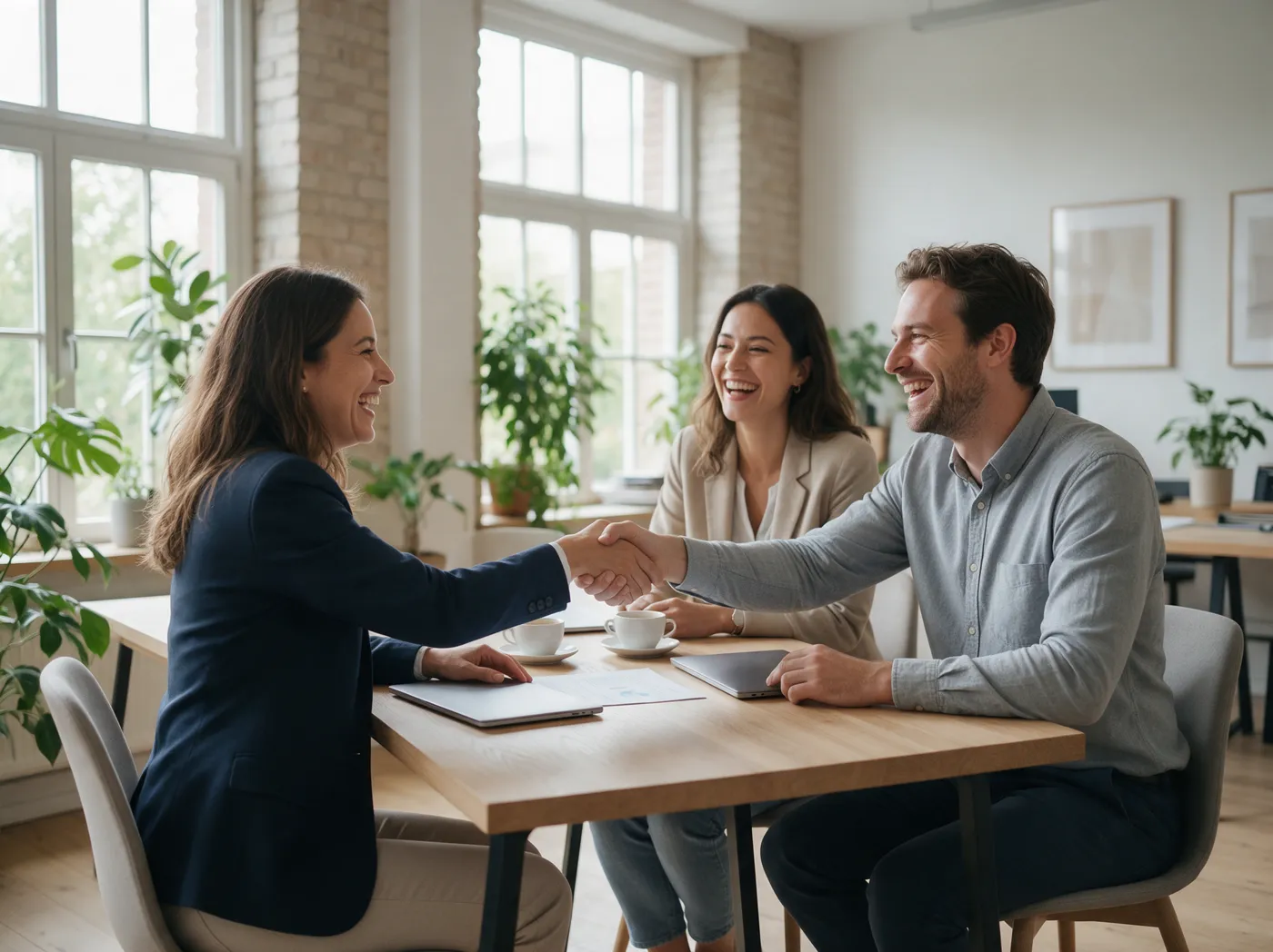 Energieadviseur en twee klanten in een ontspannen gesprek aan tafel