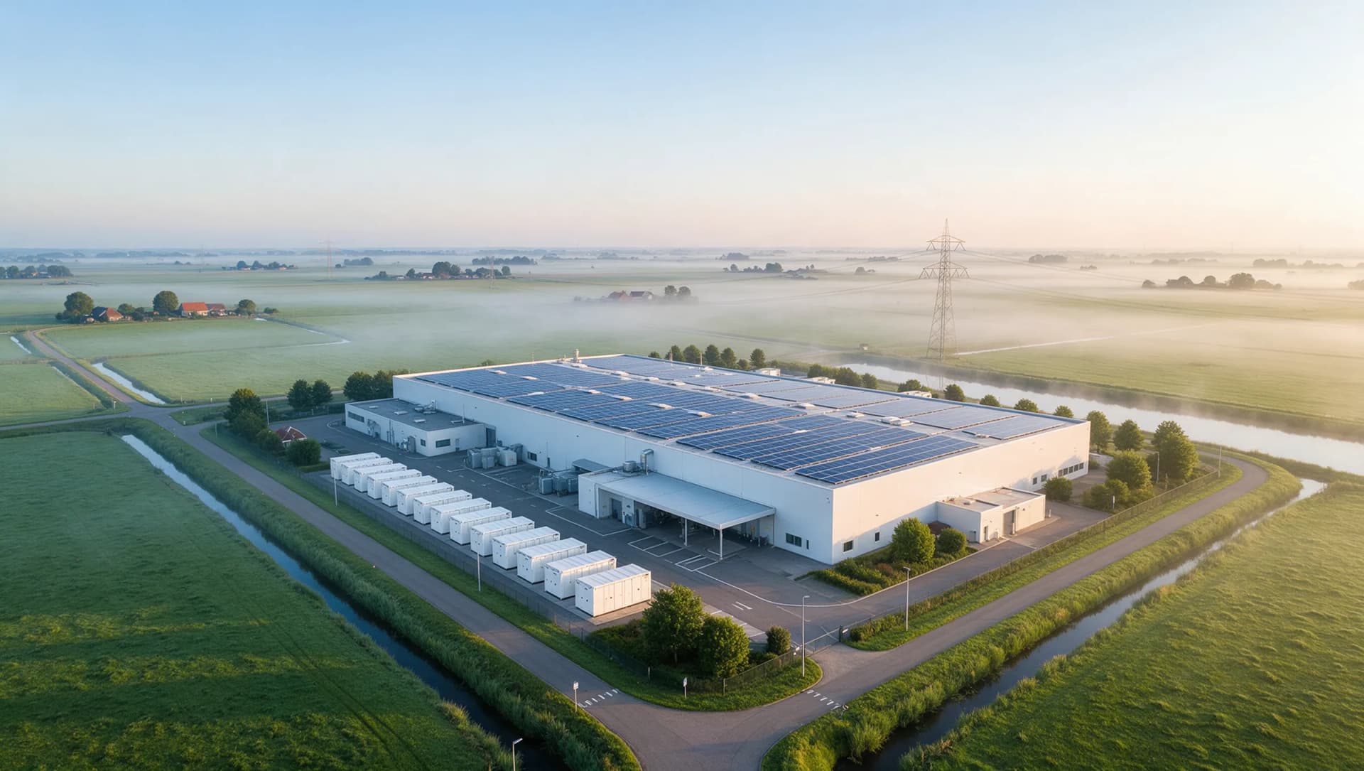 Fabriek met zonnepanelen en batterijopslag in een Nederlandse polder bij zonsopgang
