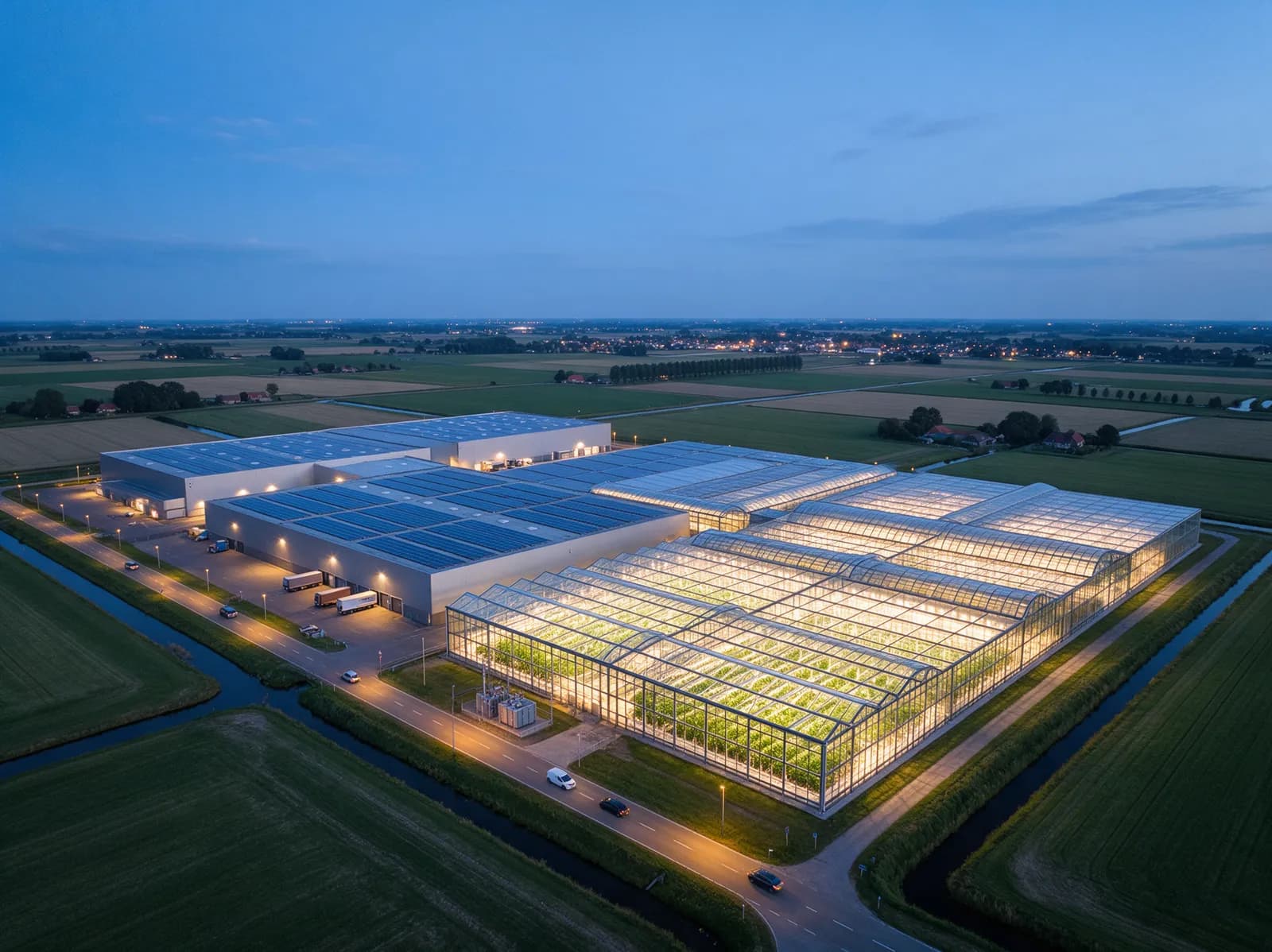 Kassen en logistieke hallen met een nieuw onderstation bij schemering