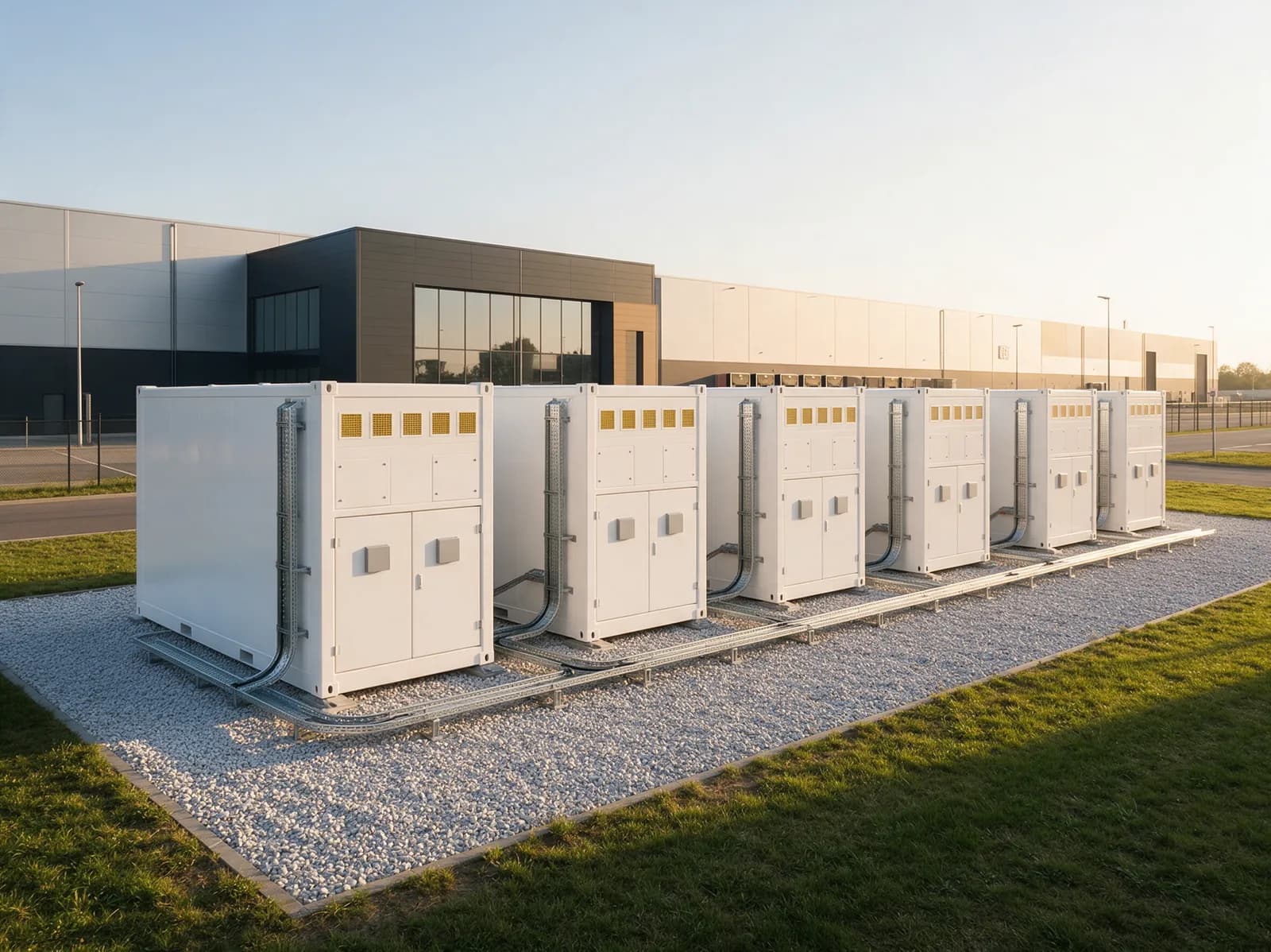 Batterijcontainers naast een modern distributiecentrum