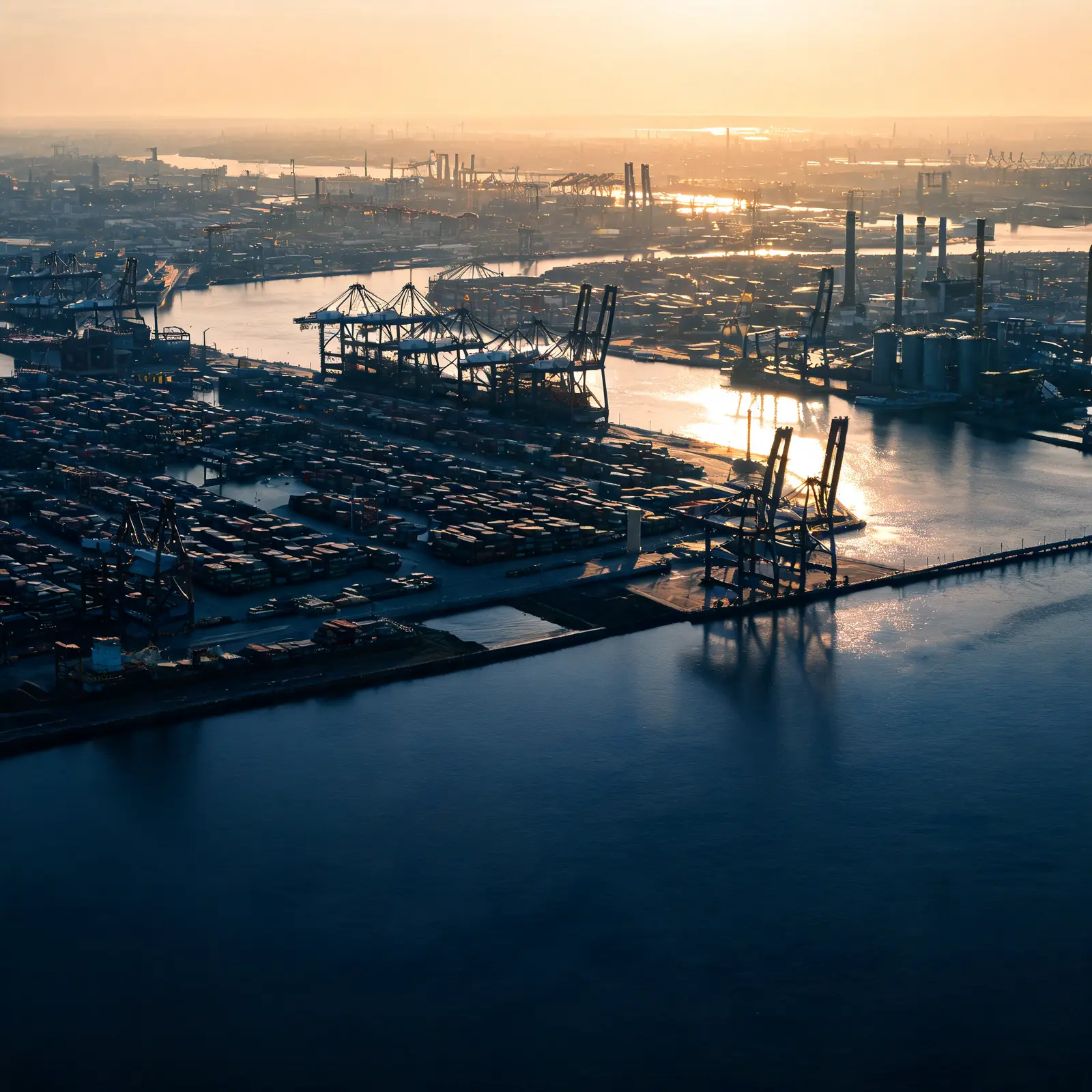 Luchtfoto van een Nederlands havengebied bij zonsopgang