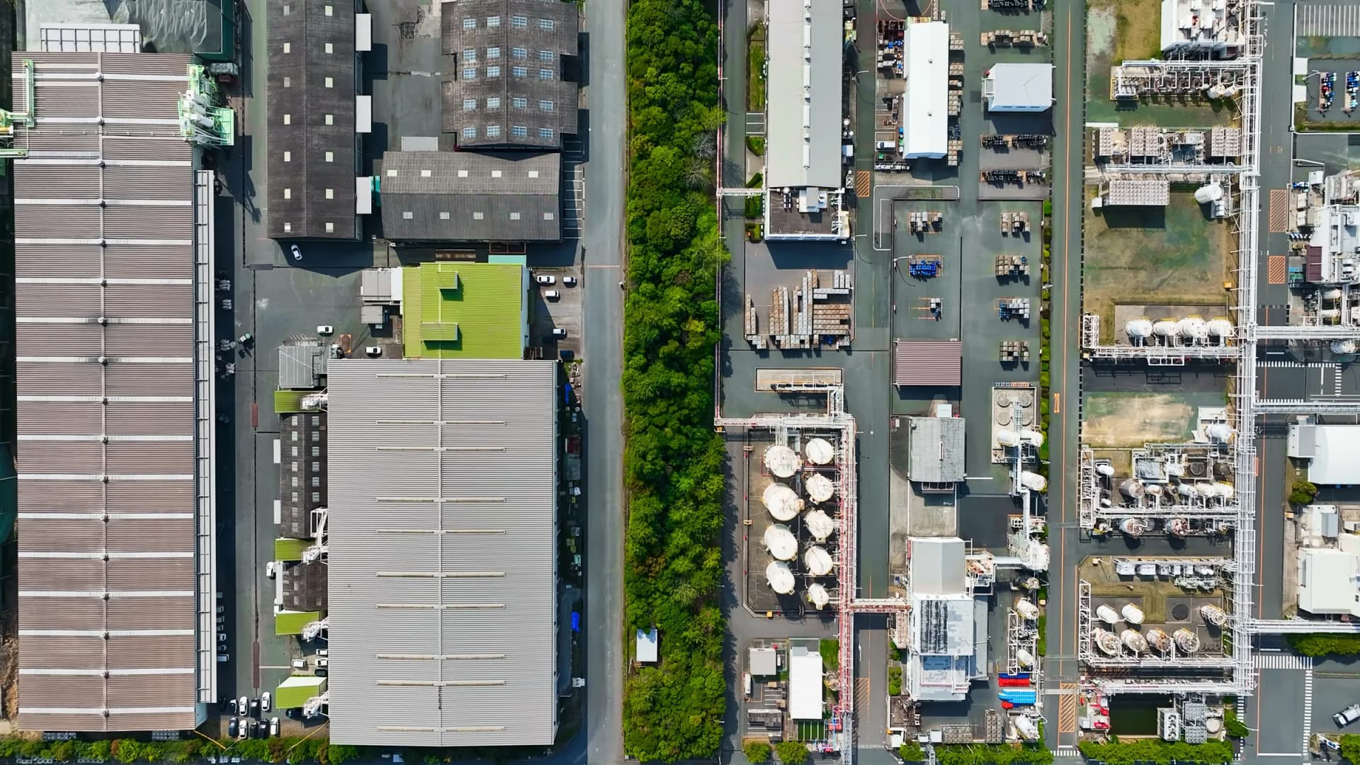 Aerial view of an industrial process site and surrounding infrastructure